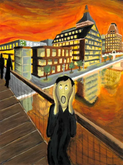 image_desktop 11 | Axxcess Platform A painterly sunset cityscape with a startled person in black on a wooden bridge railing, hands on cheeks.