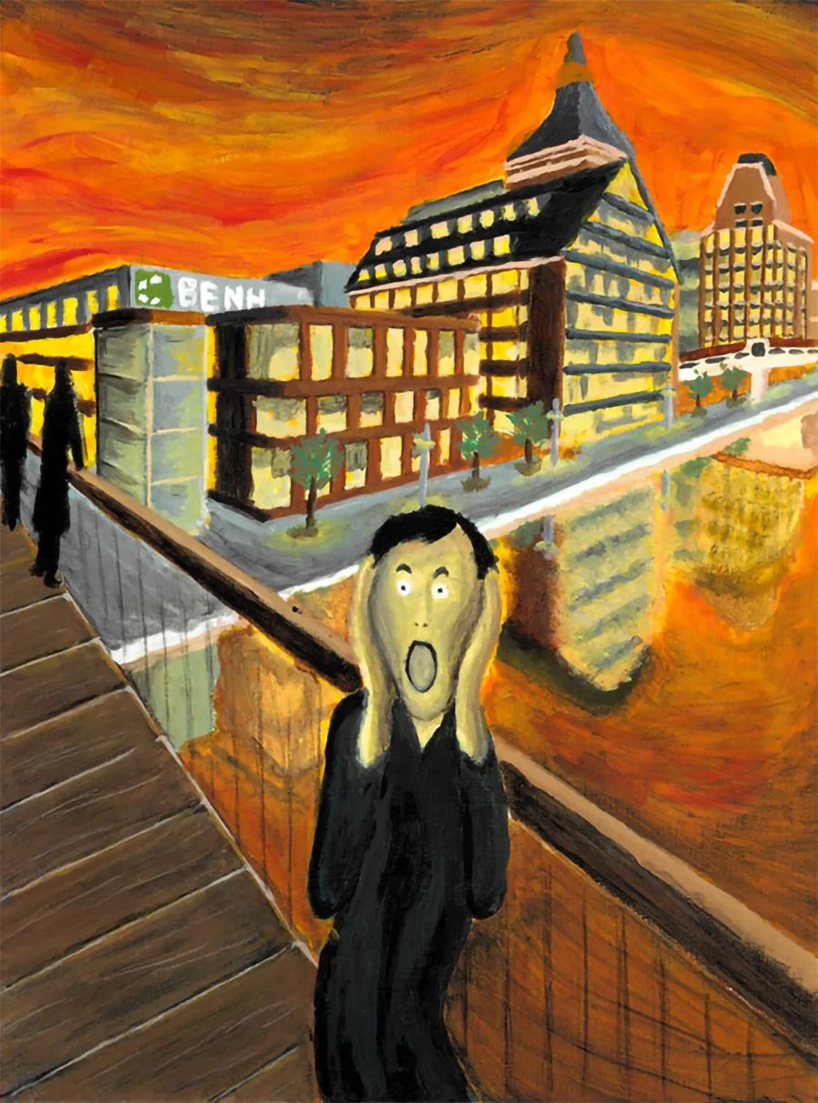 image_desktop 11 | Axxcess Platform A painterly sunset cityscape with a startled person in black on a wooden bridge railing, hands on cheeks.