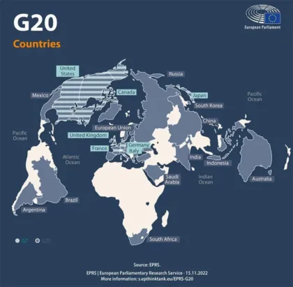 image_desktop 13 | Axxcess Platform World map highlighting G20 member countries with labeled names and blue shading; European Parliament logo top-right and a G7/G20 legend bottom-left.