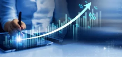 jklj | Axxcess Platform Businessperson writing on a tablet with a glowing upward trend line and percent symbols representing growth analytics in a blue-toned dashboard.