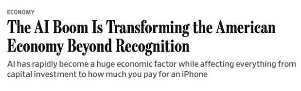 image_desktop 6 | Axxcess Platform Economy headline: 'The AI Boom Is Transforming the American Economy Beyond Recognition' with a subhead about AI's impact on investments and iPhone prices.